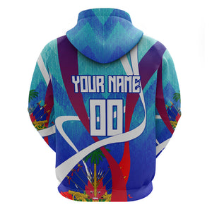 Personalized Haiti Football Zip Hoodie Haitian Flag Trogon Bird Mascot