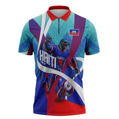 Personalized Haiti Football Zipper Polo Shirt Haitian Flag Trogon Bird Mascot