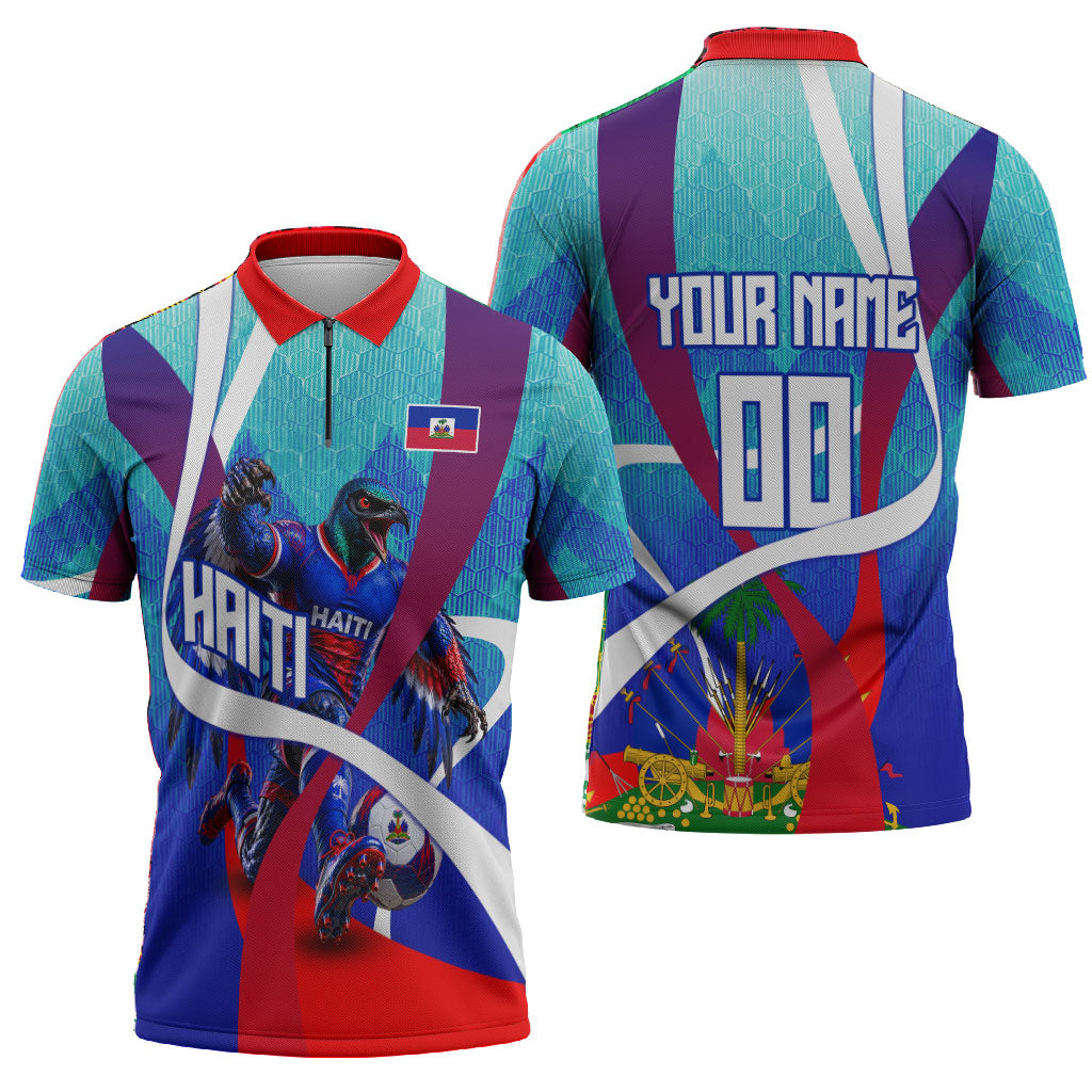 Personalized Haiti Football Zipper Polo Shirt Haitian Flag Trogon Bird Mascot