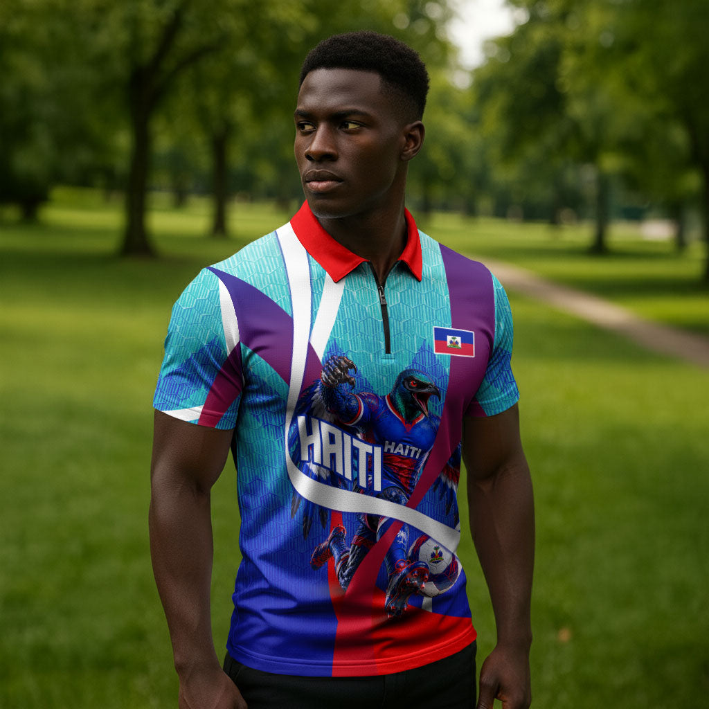 Personalized Haiti Football Zipper Polo Shirt Haitian Flag Trogon Bird Mascot