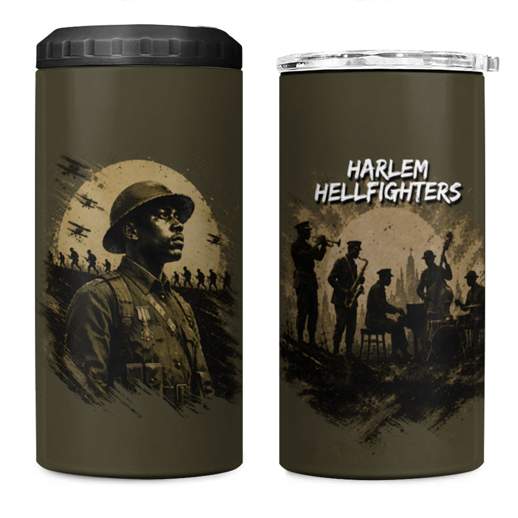 Harlem Hellfighters WWI Soldier 4 in 1 Can Cooler Tumbler Vintage Military Hero Jazz Band Silhouette Art