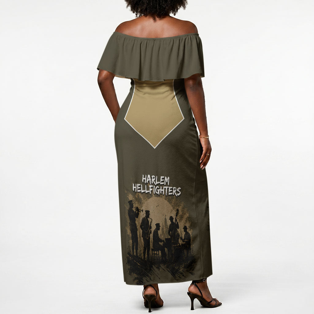 Harlem Hellfighters WWI Soldier Off Shoulder Maxi Dress Vintage Military Hero Jazz Band Silhouette Art