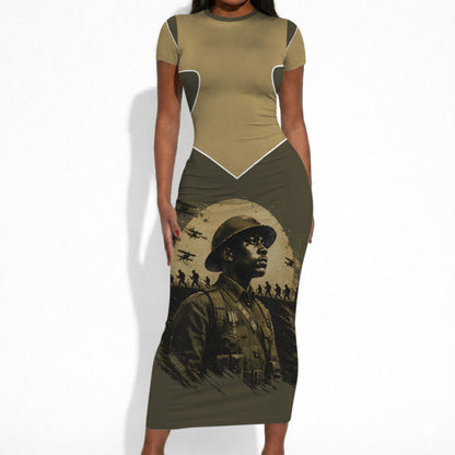 Harlem Hellfighters WWI Soldier Short Sleeve Bodycon Dress Vintage Military Hero Jazz Band Silhouette Art
