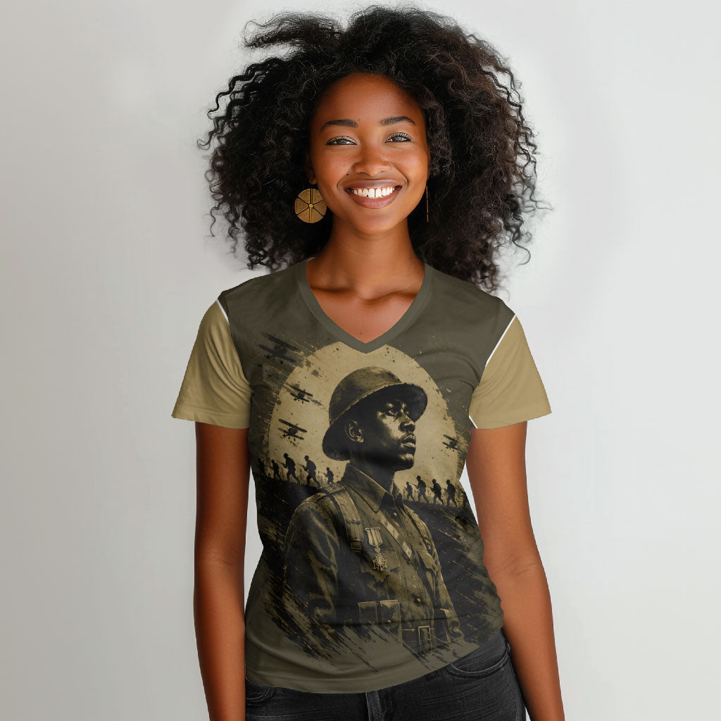 Harlem Hellfighters WWI Soldier Women V-Neck T-Shirt Vintage Military Hero Jazz Band Silhouette Art