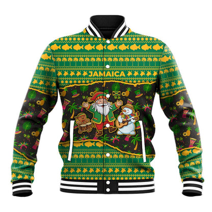 Jamaica Christmas Baseball Jacket Rasta Santa Snowman Gingerbread Drummer Palm Trees - African Pride