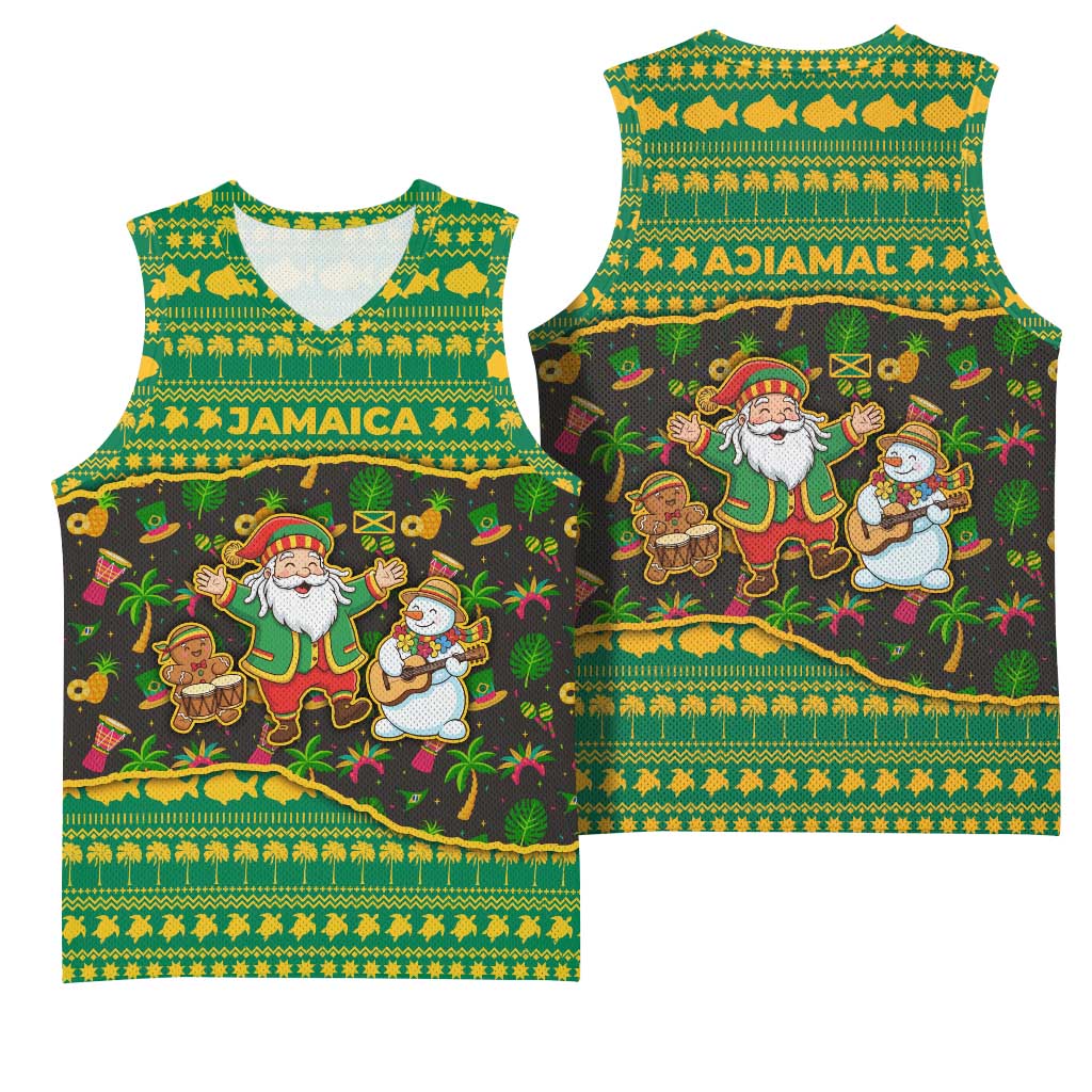 Jamaica Christmas Basketball Jersey Rasta Santa Snowman Gingerbread Drummer Palm Trees - African Pride