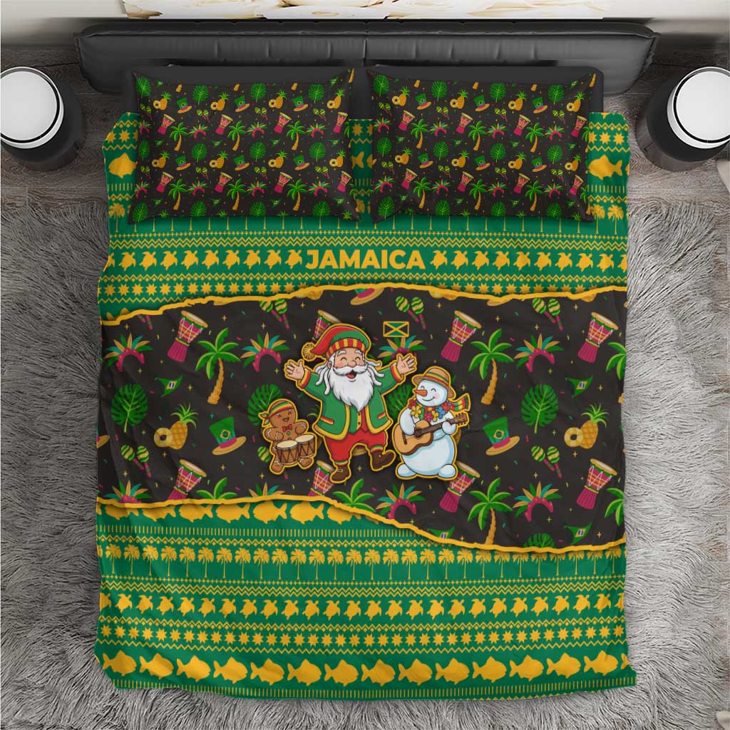 Jamaica Christmas Bedding Set Rasta Santa Snowman Gingerbread Drummer Palm Trees - African Pride