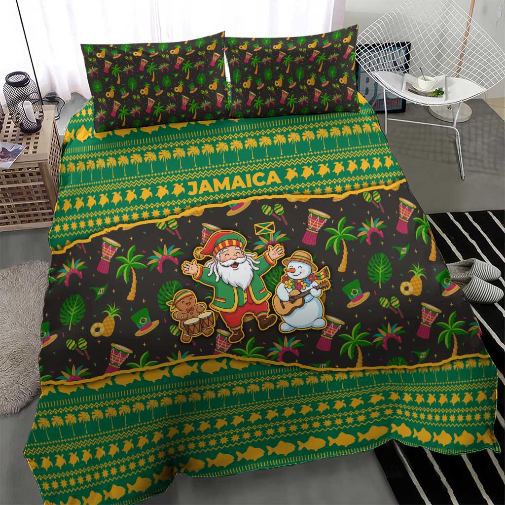 Jamaica Christmas Bedding Set Rasta Santa Snowman Gingerbread Drummer Palm Trees - African Pride
