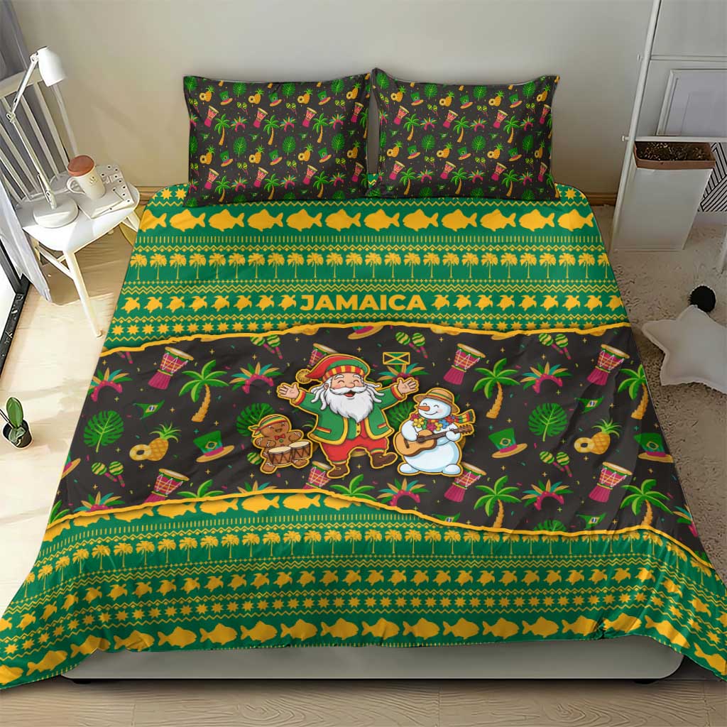 Jamaica Christmas Bedding Set Rasta Santa Snowman Gingerbread Drummer Palm Trees - African Pride
