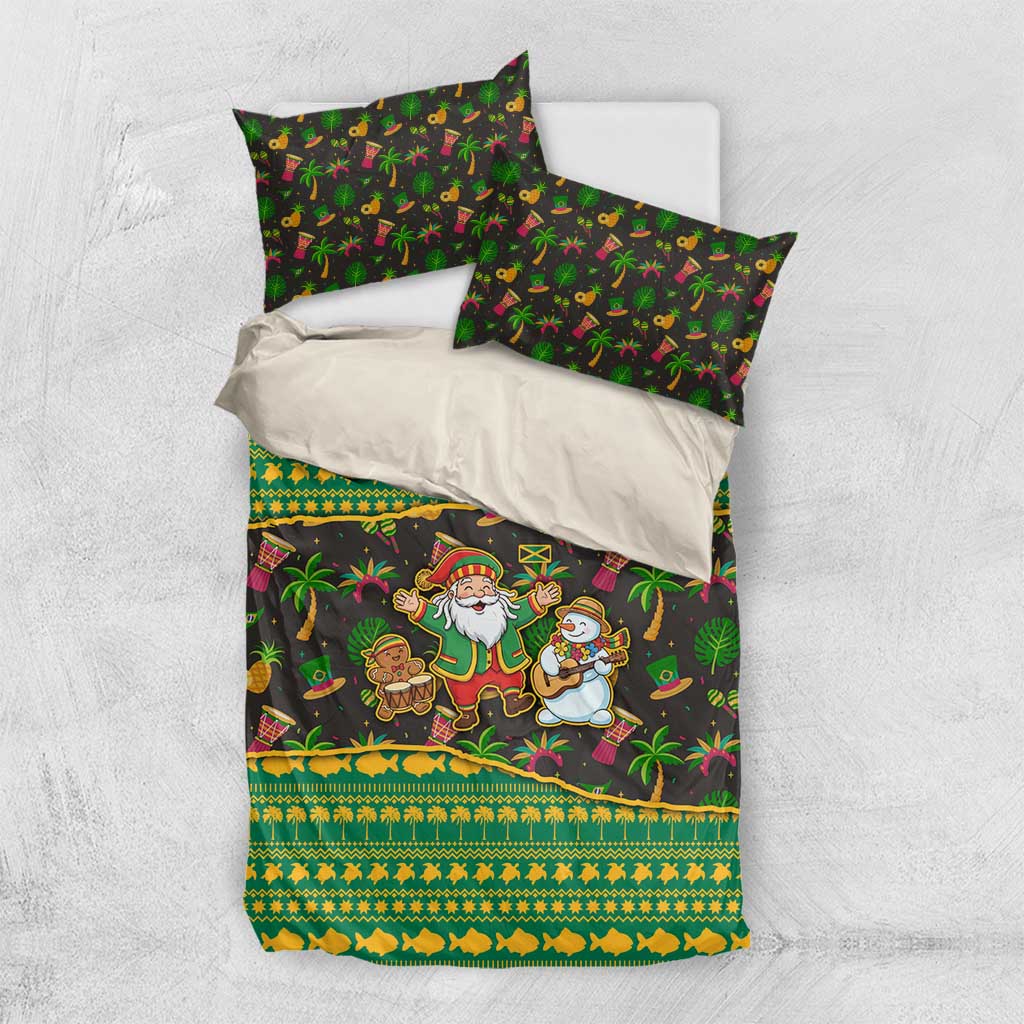 Jamaica Christmas Bedding Set Rasta Santa Snowman Gingerbread Drummer Palm Trees - African Pride