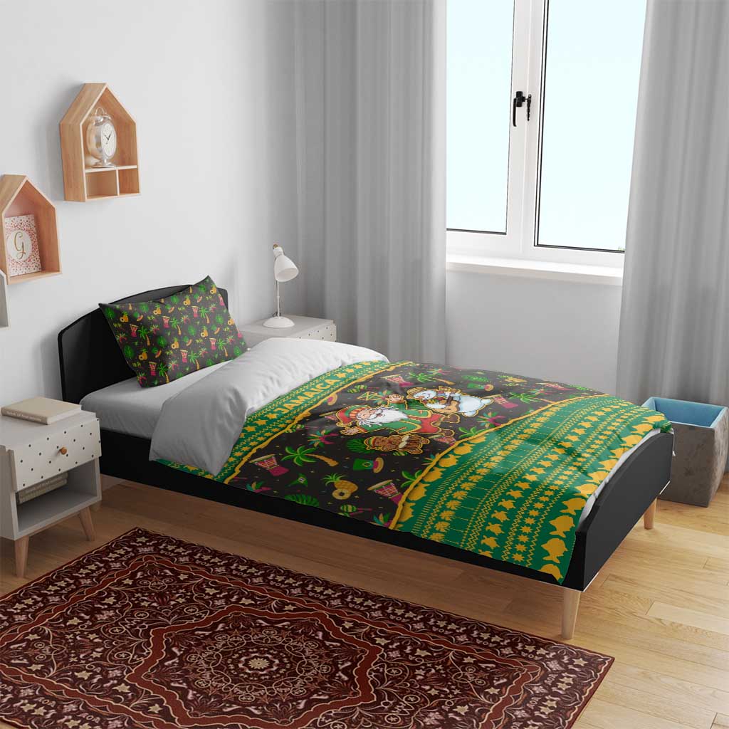 Jamaica Christmas Bedding Set Rasta Santa Snowman Gingerbread Drummer Palm Trees - African Pride