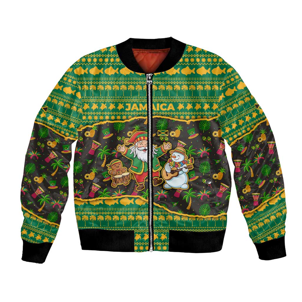 Jamaica Christmas Bomber Jacket Rasta Santa Snowman Gingerbread Drummer Palm Trees - African Pride