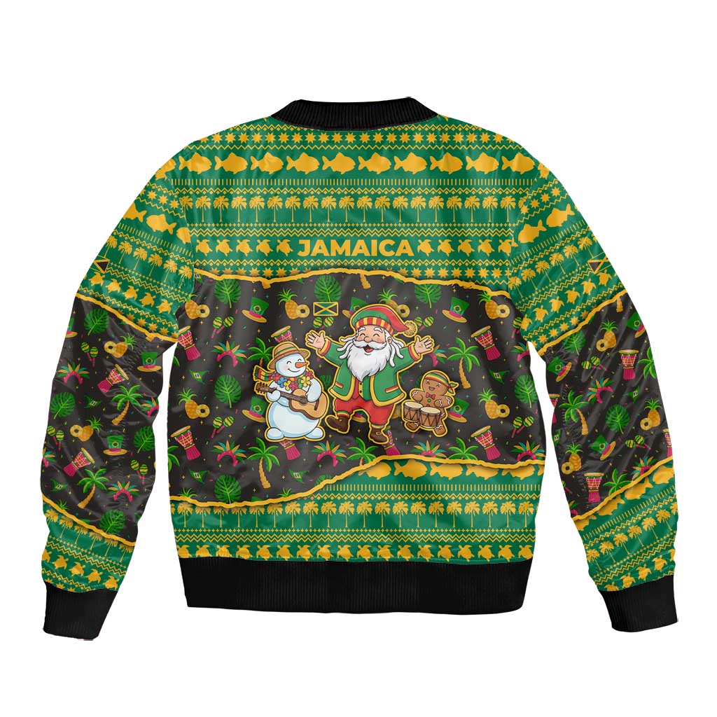 Jamaica Christmas Bomber Jacket Rasta Santa Snowman Gingerbread Drummer Palm Trees - African Pride
