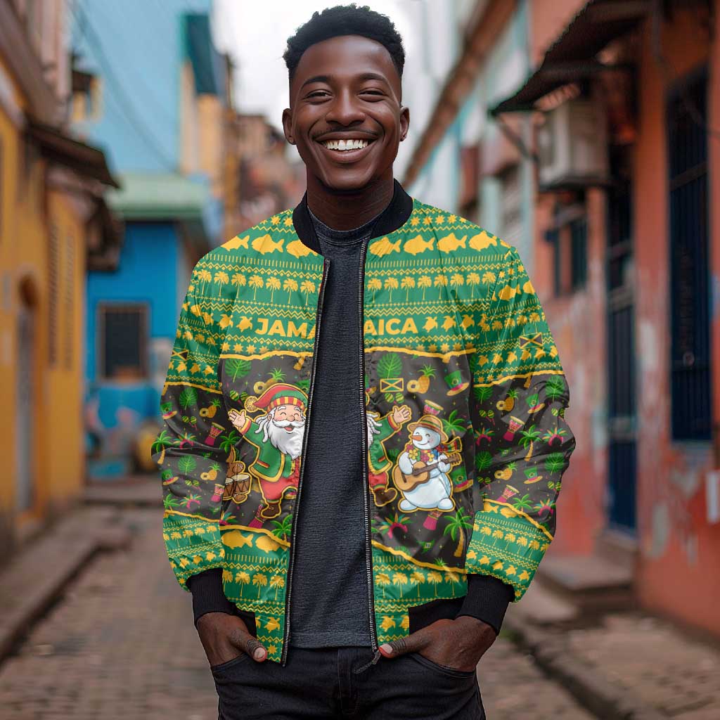 Jamaica Christmas Bomber Jacket Rasta Santa Snowman Gingerbread Drummer Palm Trees - African Pride