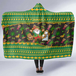 Jamaica Christmas Hooded Blanket Rasta Santa Snowman Gingerbread Drummer Palm Trees - African Pride