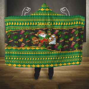 Jamaica Christmas Hooded Blanket Rasta Santa Snowman Gingerbread Drummer Palm Trees - African Pride