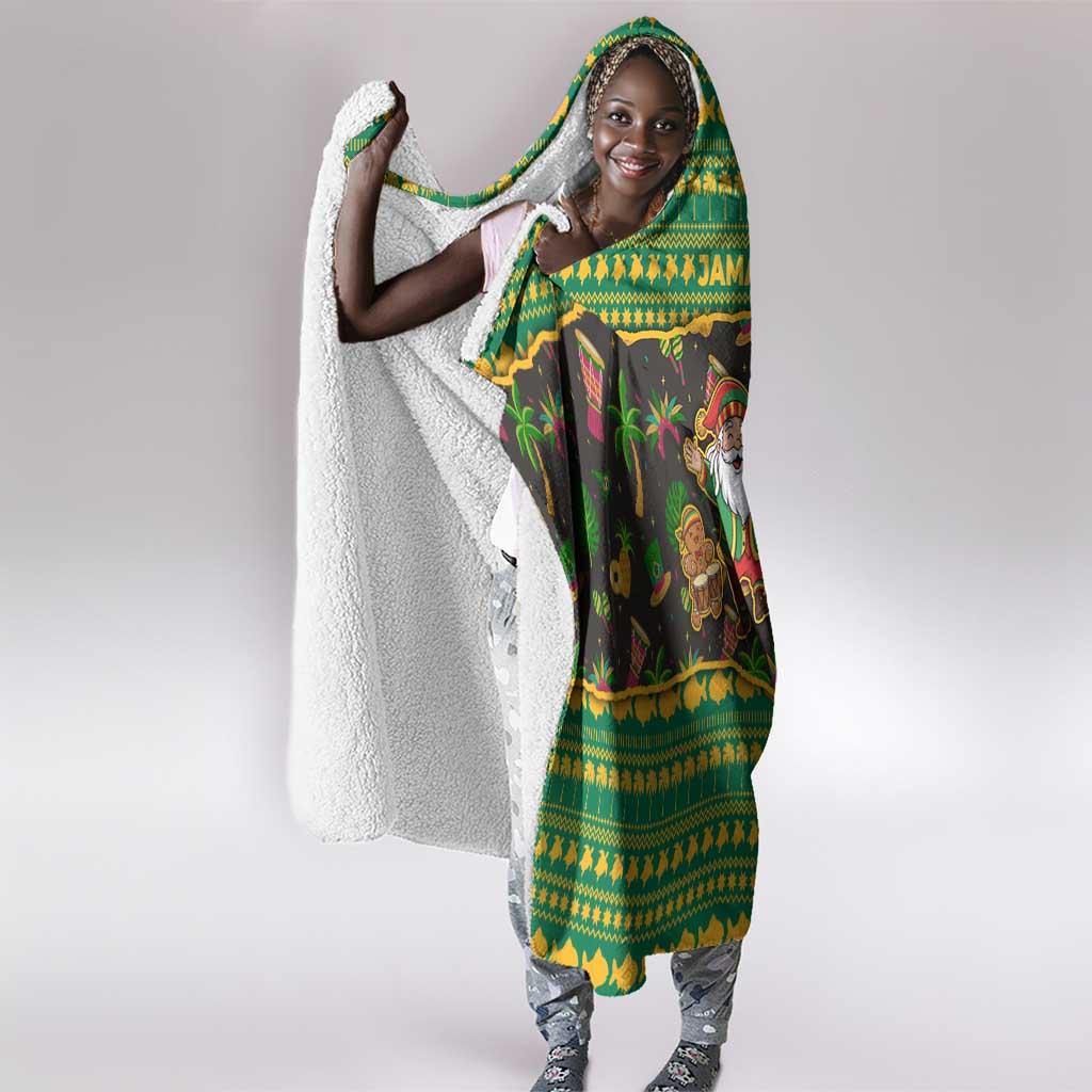 Jamaica Christmas Hooded Blanket Rasta Santa Snowman Gingerbread Drummer Palm Trees - African Pride