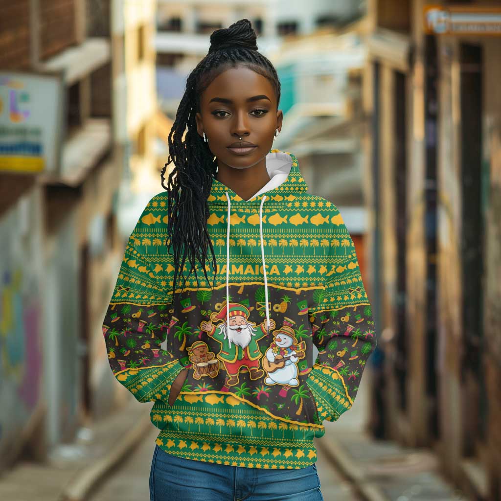 Jamaica Christmas Hoodie Rasta Santa Snowman Gingerbread Drummer Palm Trees - African Pride