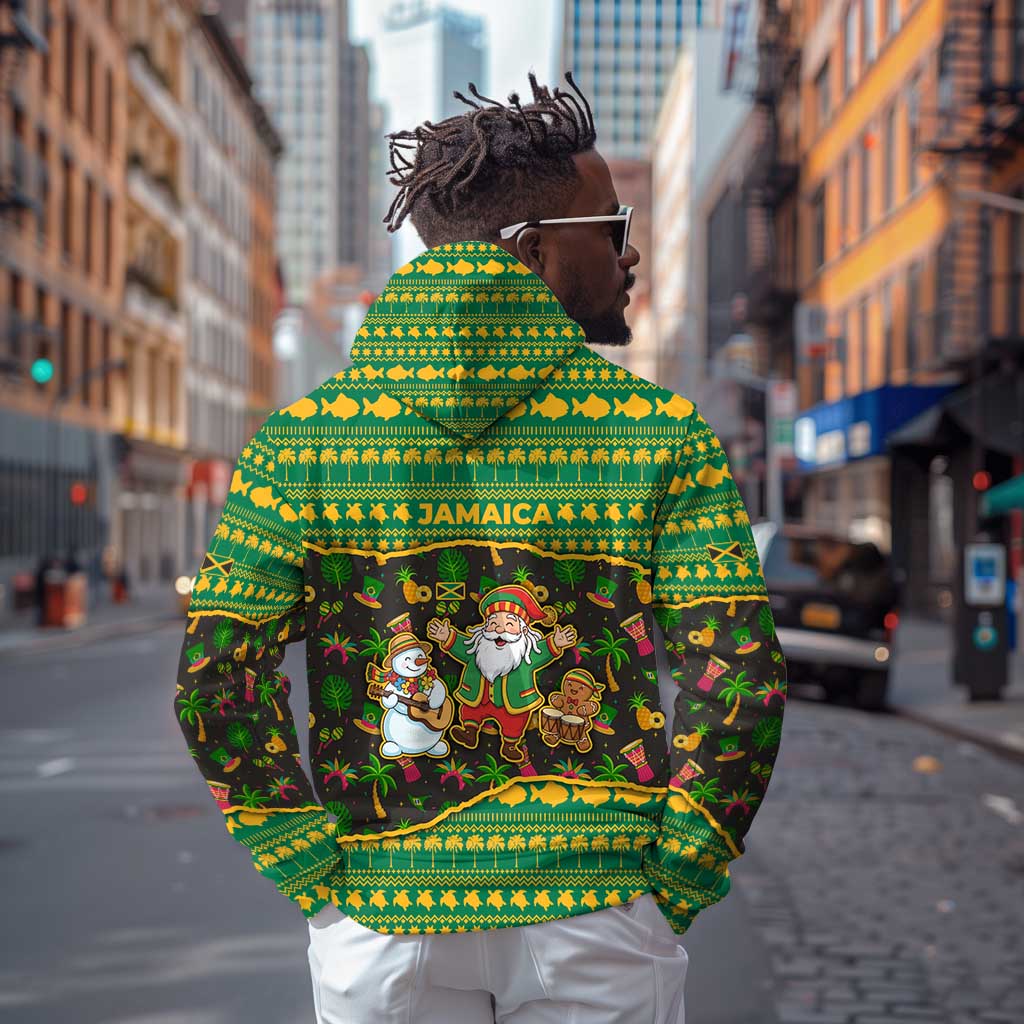 Jamaica Christmas Hoodie Rasta Santa Snowman Gingerbread Drummer Palm Trees - African Pride