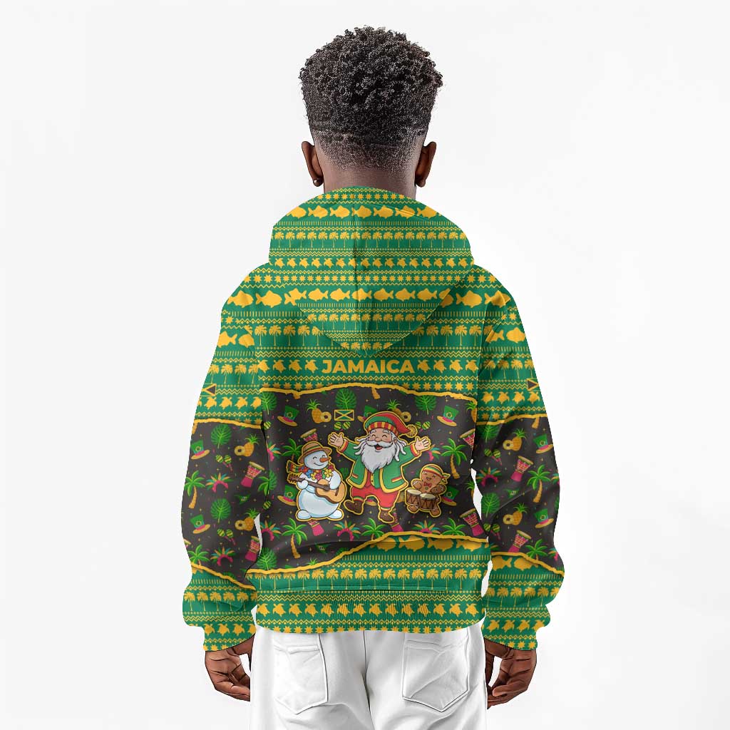 Jamaica Christmas Kid Hoodie Rasta Santa Snowman Gingerbread Drummer Palm Trees - African Pride