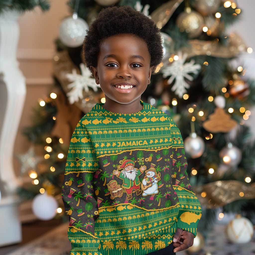 Jamaica Christmas Kid Ugly Christmas Sweater Rasta Santa Snowman Gingerbread Drummer Palm Trees - African Pride