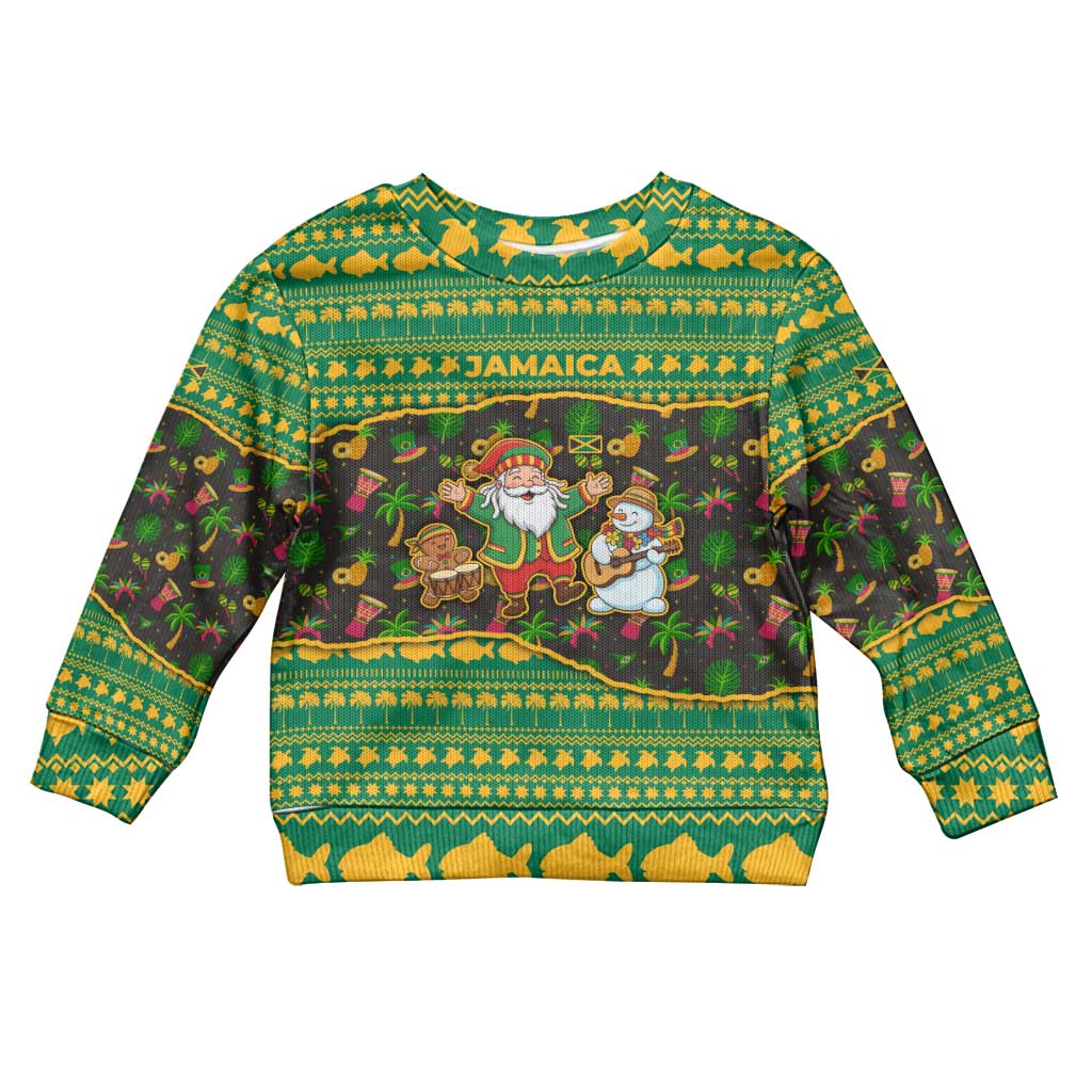 Jamaica Christmas Kid Ugly Christmas Sweater Rasta Santa Snowman Gingerbread Drummer Palm Trees - African Pride