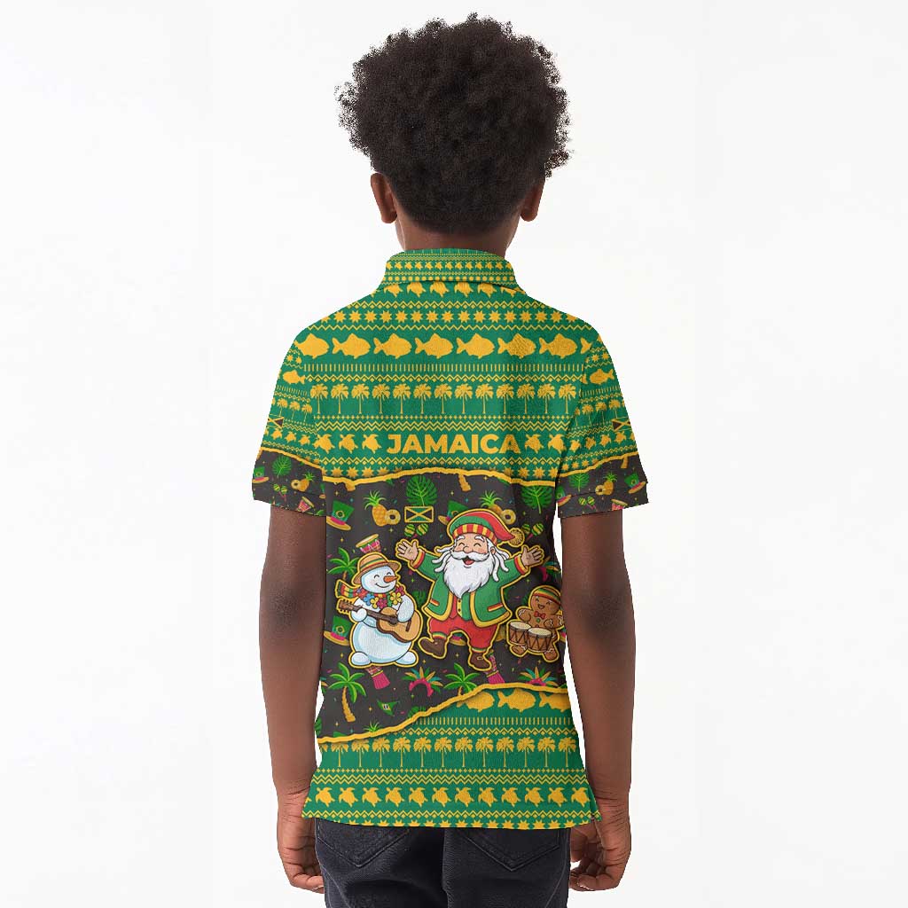 Jamaica Christmas Kid Polo Shirt Rasta Santa Snowman Gingerbread Drummer Palm Trees - African Pride