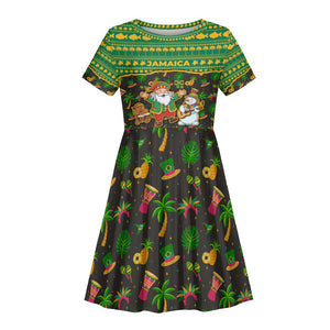 Jamaica Christmas Kid Short Sleeve Dress Rasta Santa Snowman Gingerbread Drummer Palm Trees - African Pride