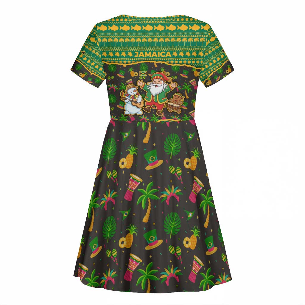 Jamaica Christmas Kid Short Sleeve Dress Rasta Santa Snowman Gingerbread Drummer Palm Trees - African Pride