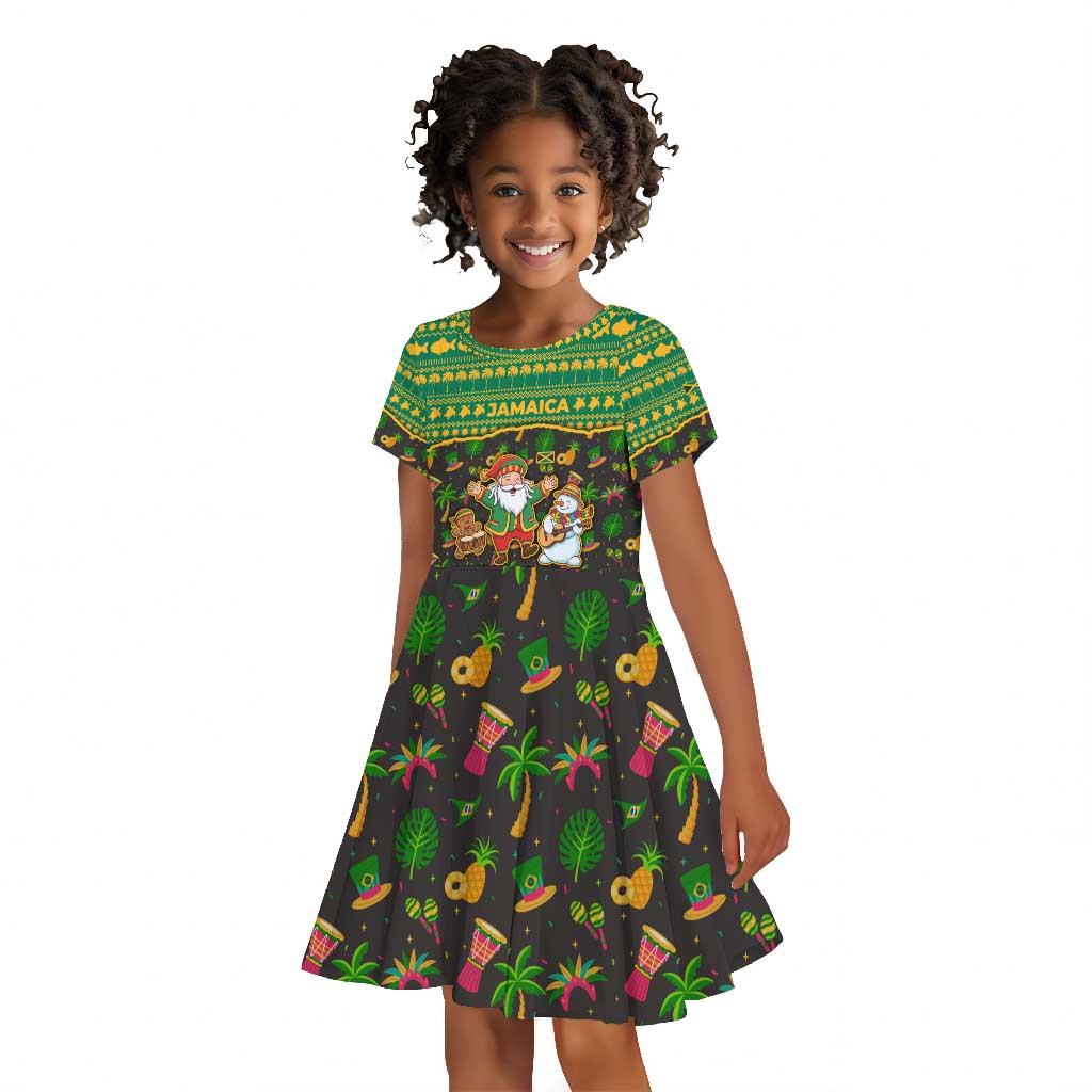 Jamaica Christmas Kid Short Sleeve Dress Rasta Santa Snowman Gingerbread Drummer Palm Trees - African Pride