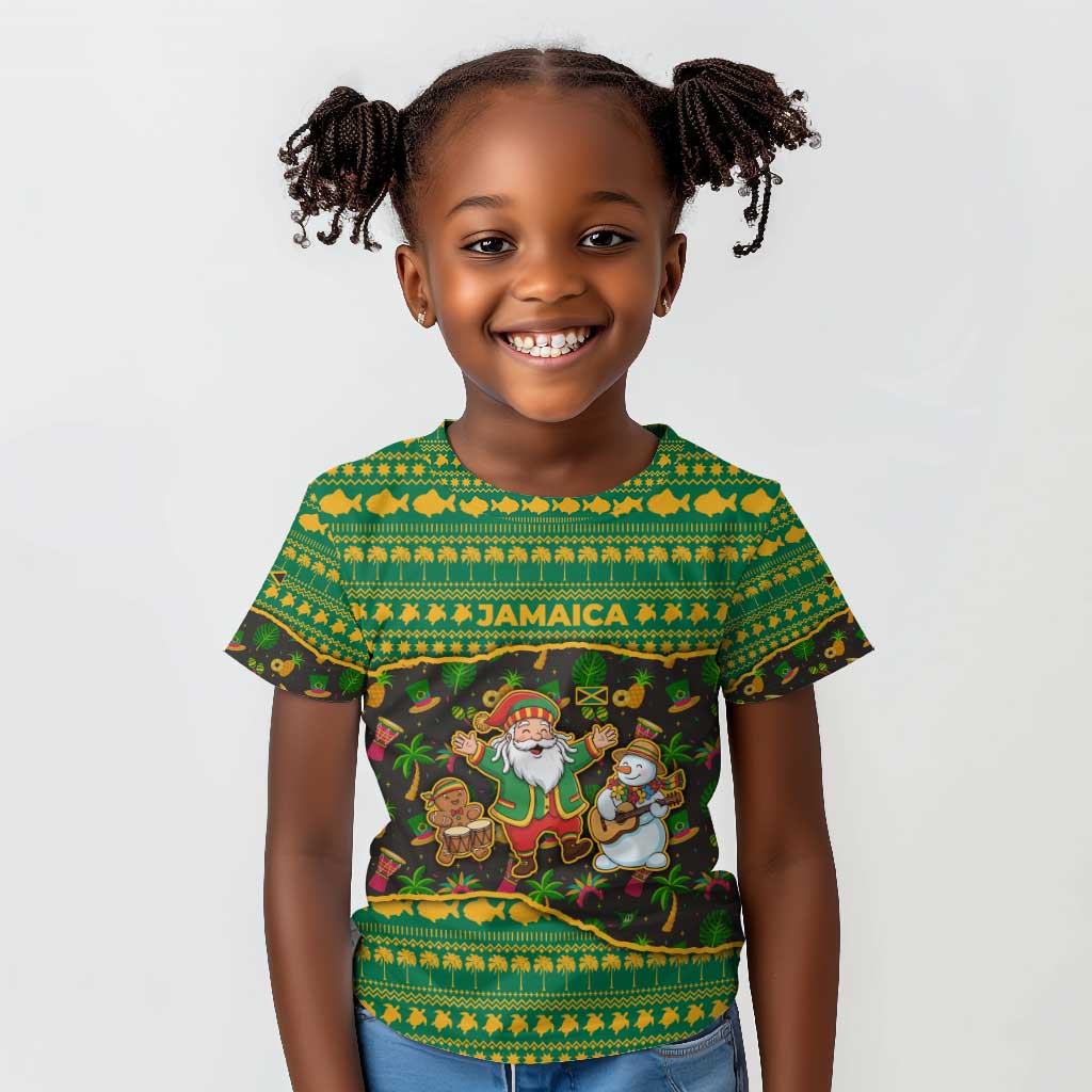 Jamaica Christmas Kid T shirt Rasta Santa Snowman Gingerbread Drummer Palm Trees - African Pride