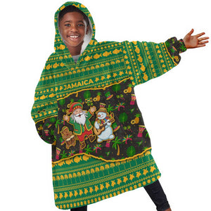Jamaica Christmas Kid Wearable Blanket Hoodie Rasta Santa Snowman Gingerbread Drummer Palm Trees - African Pride