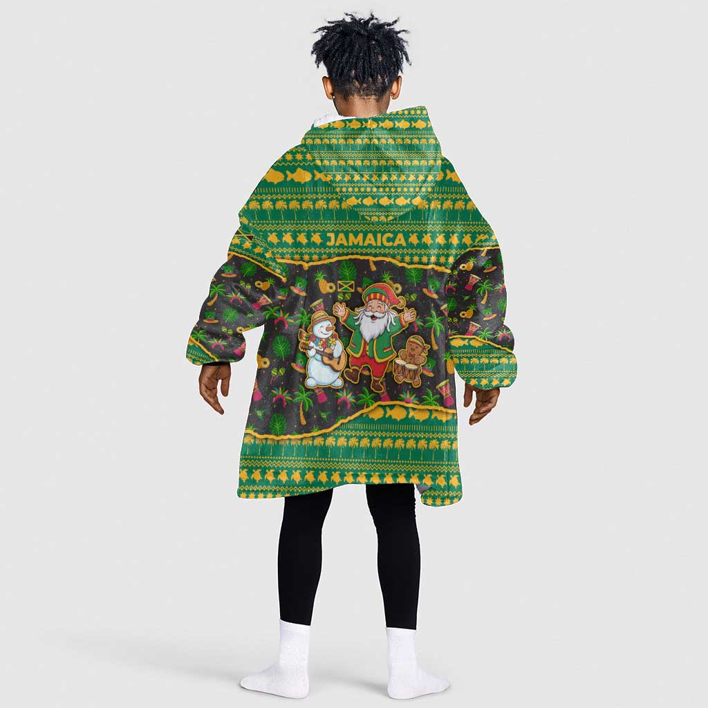 Jamaica Christmas Kid Wearable Blanket Hoodie Rasta Santa Snowman Gingerbread Drummer Palm Trees - African Pride