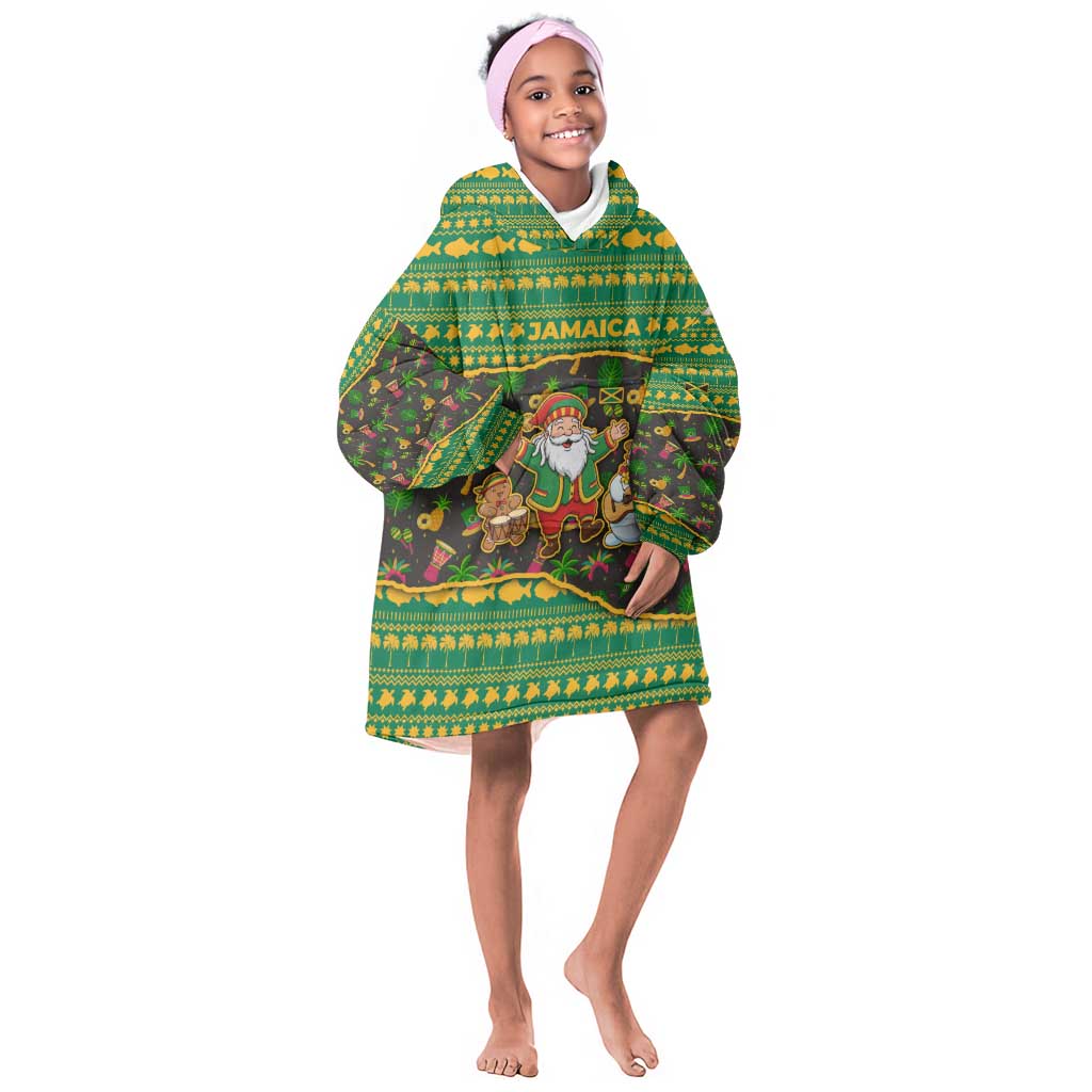 Jamaica Christmas Kid Wearable Blanket Hoodie Rasta Santa Snowman Gingerbread Drummer Palm Trees - African Pride