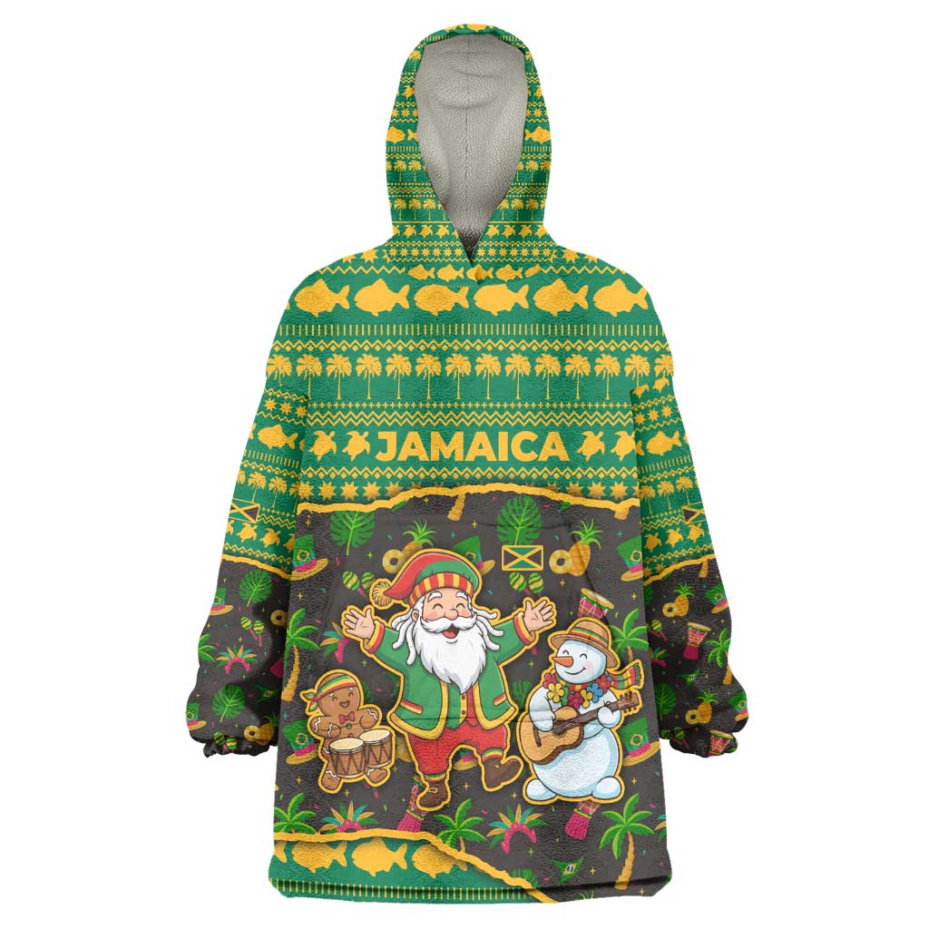 Jamaica Christmas Kid Wearable Blanket Hoodie Rasta Santa Snowman Gingerbread Drummer Palm Trees - African Pride