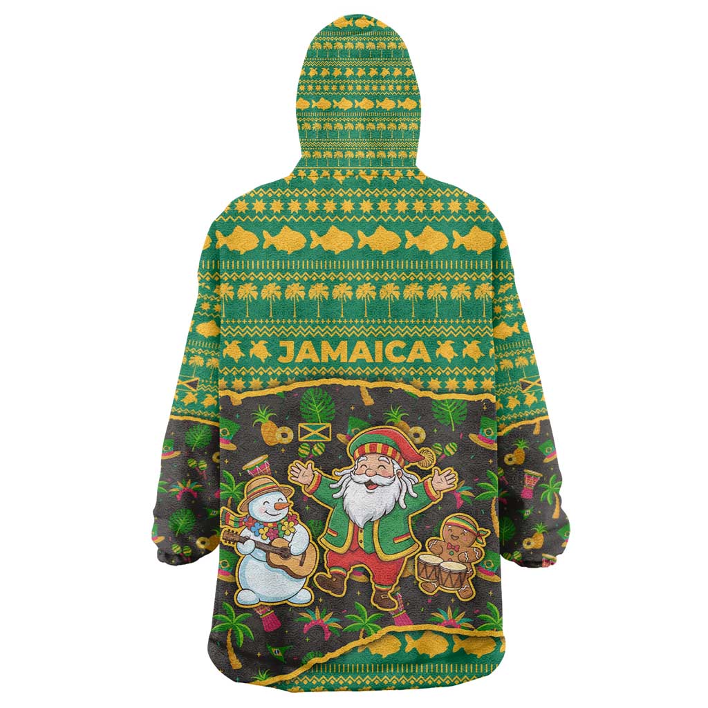 Jamaica Christmas Kid Wearable Blanket Hoodie Rasta Santa Snowman Gingerbread Drummer Palm Trees - African Pride