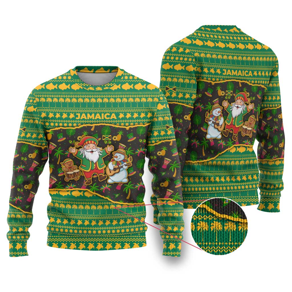Jamaica Christmas Ugly Christmas Sweater Rasta Santa Snowman Gingerbread Drummer Palm Trees - African Pride