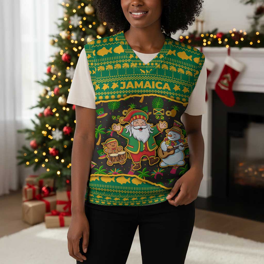 Jamaica Christmas Knitted V-Neck Vest Rasta Santa Snowman Gingerbread Drummer Palm Trees - African Pride