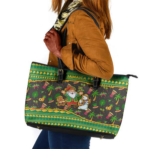 Jamaica Christmas Leather Tote Bag Rasta Santa Snowman Gingerbread Drummer Palm Trees - African Pride
