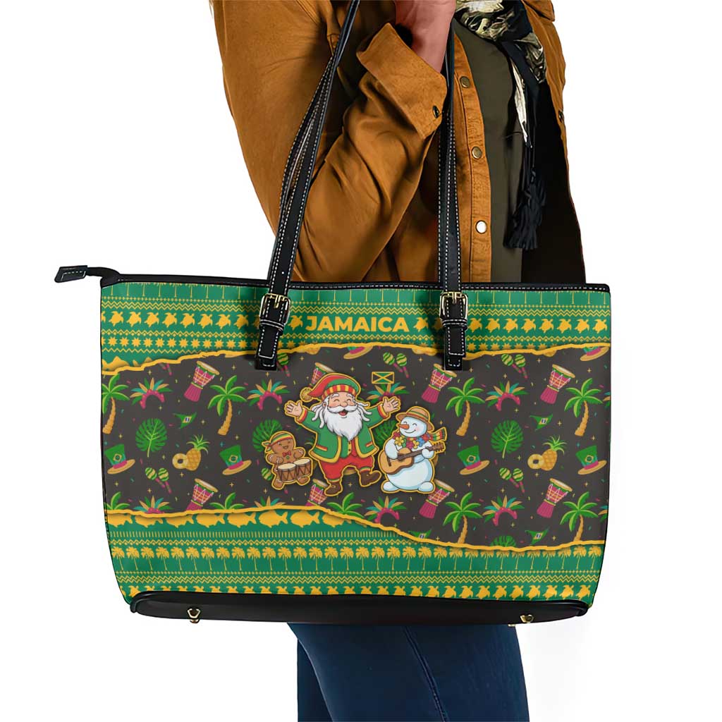 Jamaica Christmas Leather Tote Bag Rasta Santa Snowman Gingerbread Drummer Palm Trees - African Pride