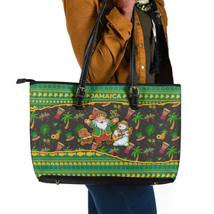 Jamaica Christmas Leather Tote Bag Rasta Santa Snowman Gingerbread Drummer Palm Trees - African Pride