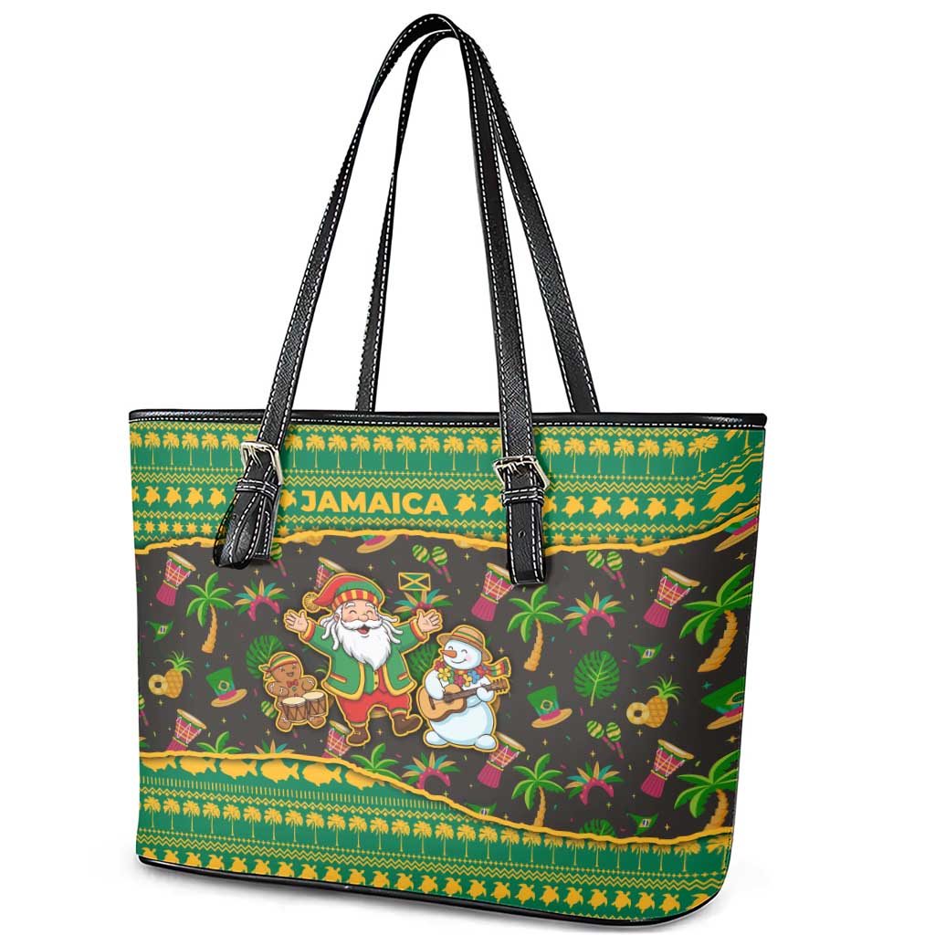 Jamaica Christmas Leather Tote Bag Rasta Santa Snowman Gingerbread Drummer Palm Trees - African Pride