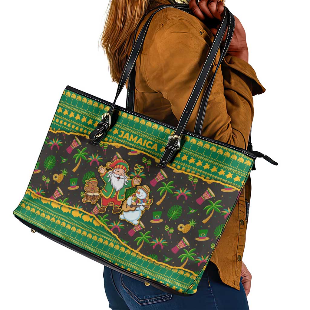 Jamaica Christmas Leather Tote Bag Rasta Santa Snowman Gingerbread Drummer Palm Trees - African Pride