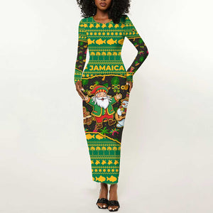 Jamaica Christmas Long Sleeve Bodycon Dress Rasta Santa Snowman Gingerbread Drummer Palm Trees - African Pride
