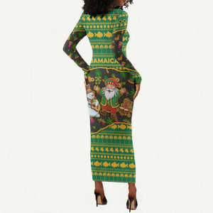 Jamaica Christmas Long Sleeve Bodycon Dress Rasta Santa Snowman Gingerbread Drummer Palm Trees - African Pride
