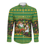Jamaica Christmas Long Sleeve Button Shirt Rasta Santa Snowman Gingerbread Drummer Palm Trees - African Pride
