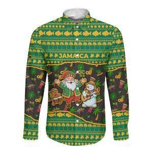 Jamaica Christmas Long Sleeve Button Shirt Rasta Santa Snowman Gingerbread Drummer Palm Trees - African Pride