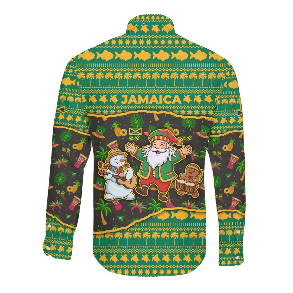 Jamaica Christmas Long Sleeve Button Shirt Rasta Santa Snowman Gingerbread Drummer Palm Trees - African Pride