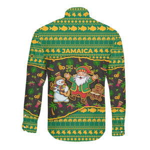 Jamaica Christmas Long Sleeve Button Shirt Rasta Santa Snowman Gingerbread Drummer Palm Trees - African Pride