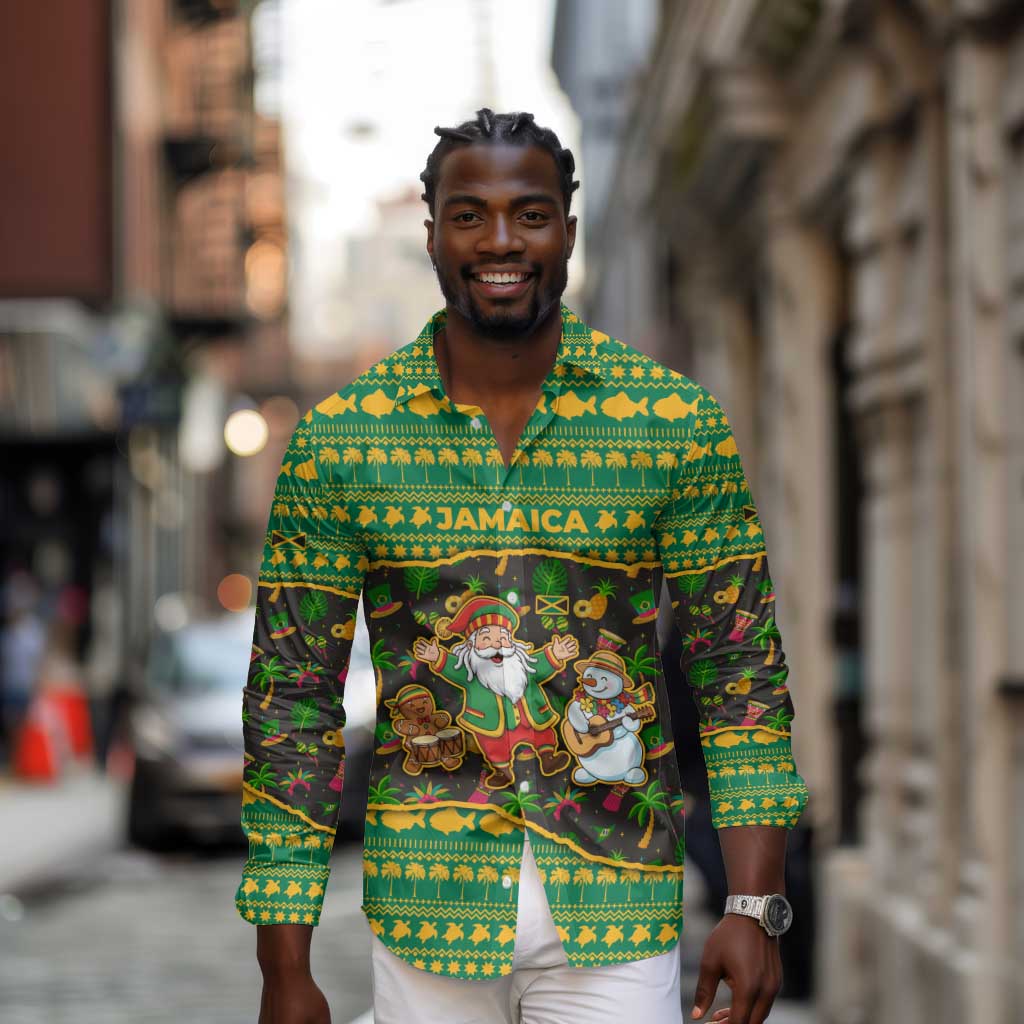 Jamaica Christmas Long Sleeve Button Shirt Rasta Santa Snowman Gingerbread Drummer Palm Trees - African Pride